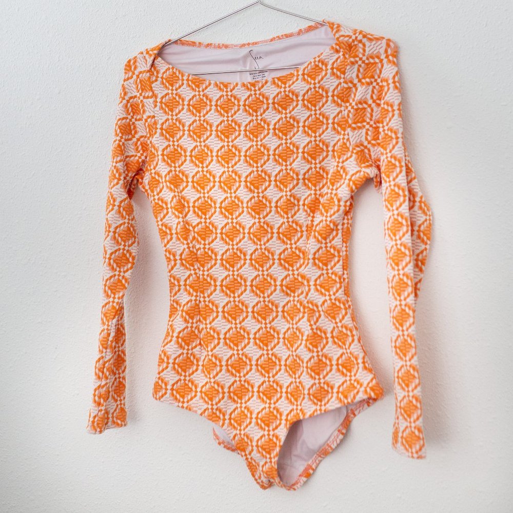 Seea Harper Surf Suit Orange Textured Patter Long Sleeve Swimsuit Size Large